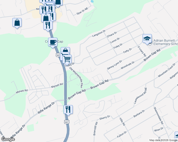 map of restaurants, bars, coffee shops, grocery stores, and more near 6517 Hickory Valley Way in Knoxville