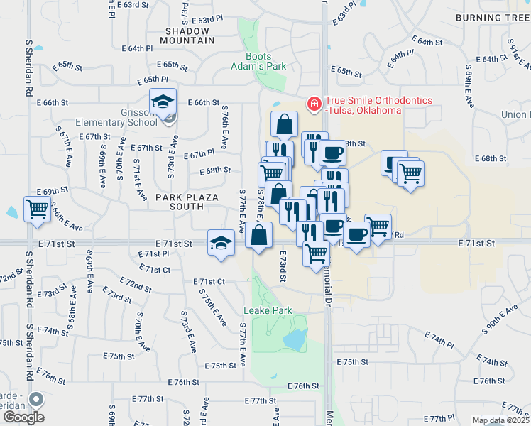 map of restaurants, bars, coffee shops, grocery stores, and more near 7725 East 69th Street in Tulsa