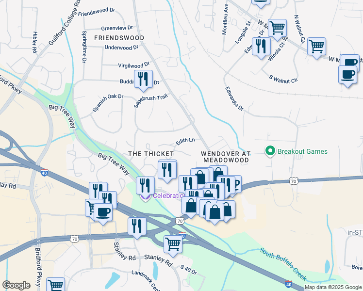 map of restaurants, bars, coffee shops, grocery stores, and more near 4206 Edith Lane in Greensboro