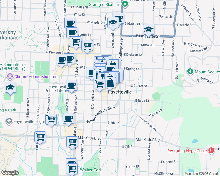 map of restaurants, bars, coffee shops, grocery stores, and more near 25 East Center Street in Fayetteville