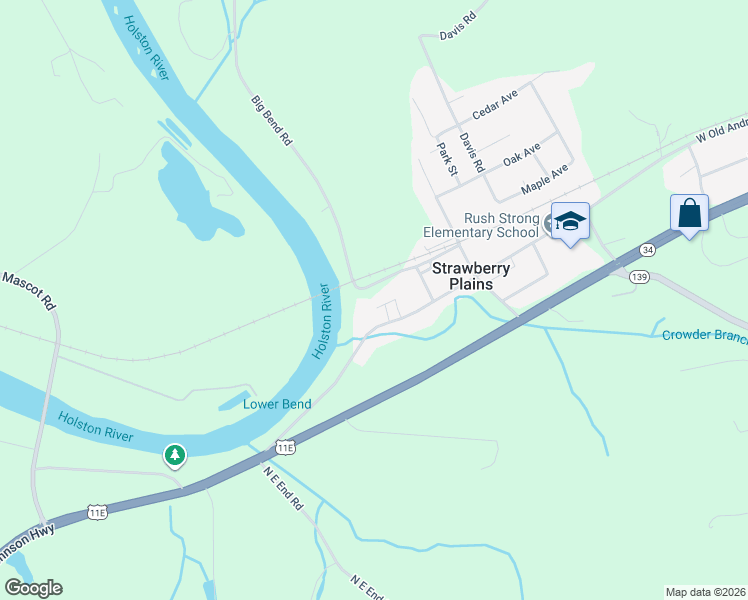 map of restaurants, bars, coffee shops, grocery stores, and more near 131 Big Bend Road in Strawberry Plains