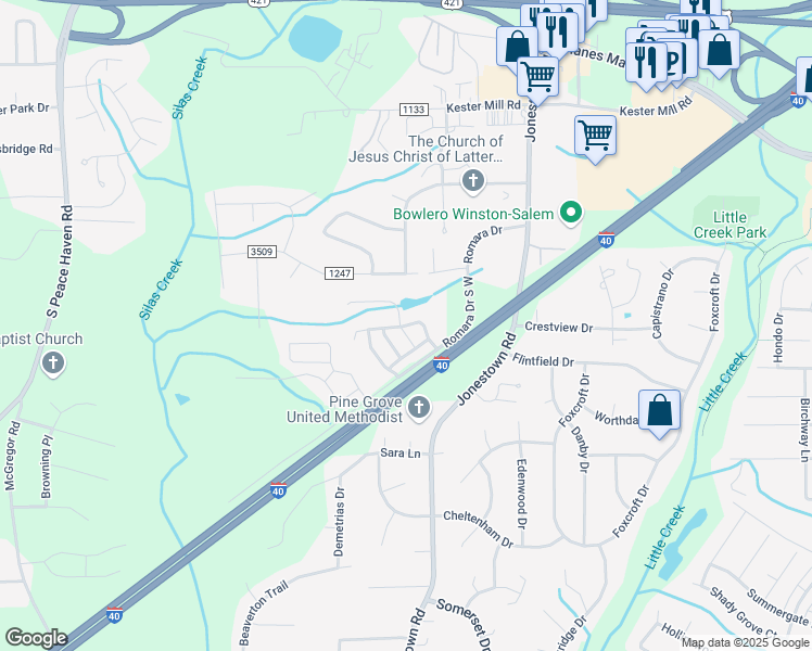 map of restaurants, bars, coffee shops, grocery stores, and more near 5042 Wyngate Village Drive in Winston-Salem