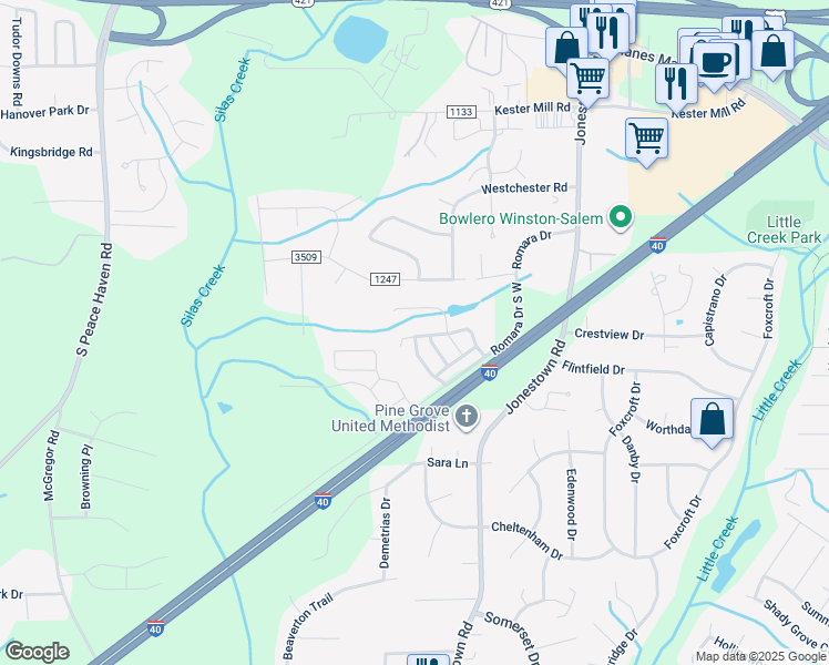 map of restaurants, bars, coffee shops, grocery stores, and more near 5042 Wyngate Village Drive in Winston-Salem