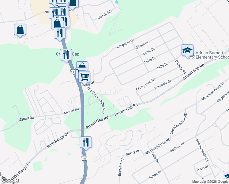 map of restaurants, bars, coffee shops, grocery stores, and more near 6517 Hickory Valley Way in Knoxville