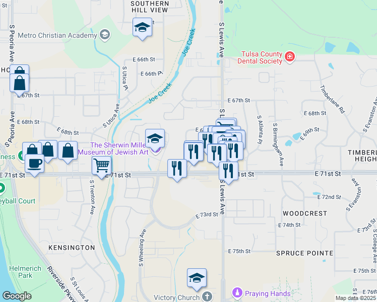 map of restaurants, bars, coffee shops, grocery stores, and more near in Tulsa