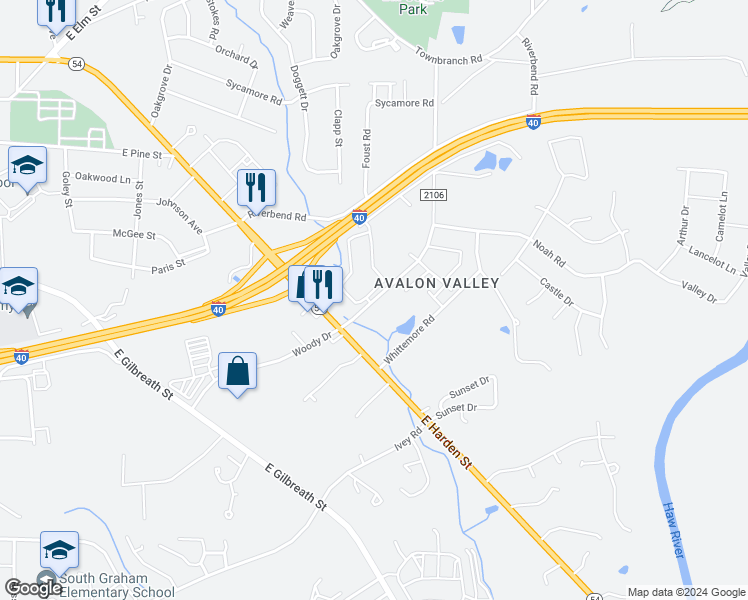 map of restaurants, bars, coffee shops, grocery stores, and more near 863 Woody Drive in Graham