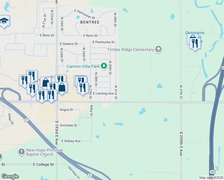 map of restaurants, bars, coffee shops, grocery stores, and more near 1113 North 30th Street in Broken Arrow