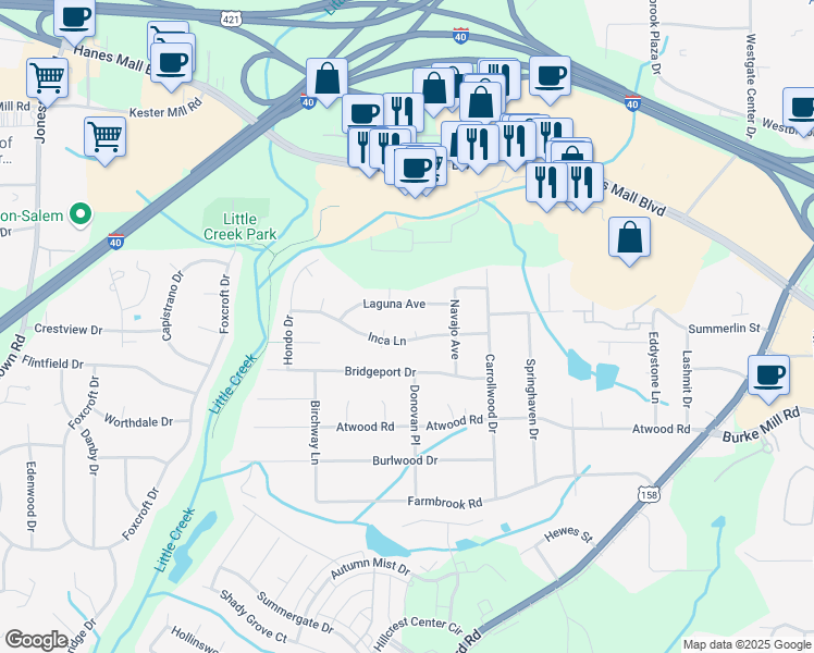 map of restaurants, bars, coffee shops, grocery stores, and more near 2892 Inca Court in Winston-Salem
