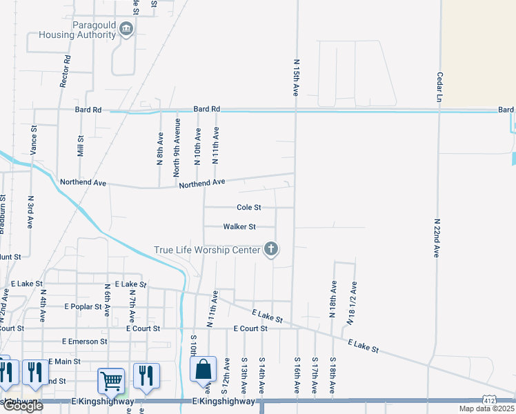 map of restaurants, bars, coffee shops, grocery stores, and more near Cole Street in Paragould