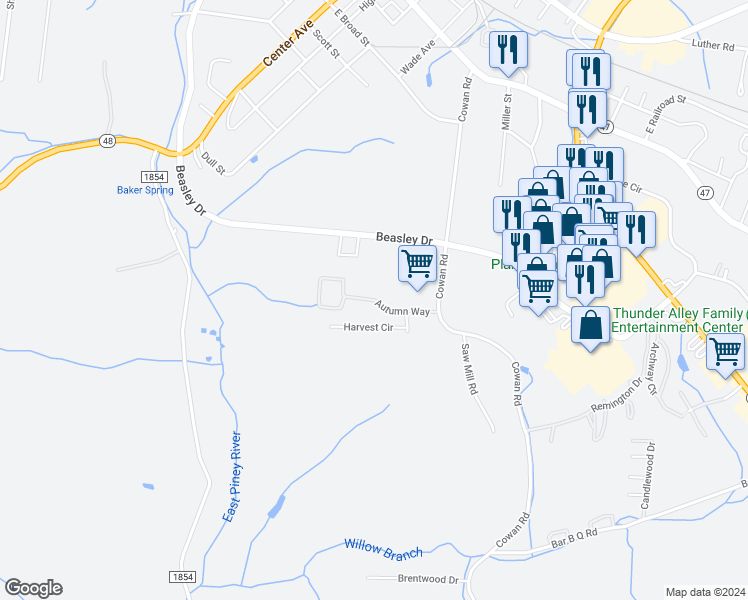 map of restaurants, bars, coffee shops, grocery stores, and more near 601 Autumn Way in Dickson