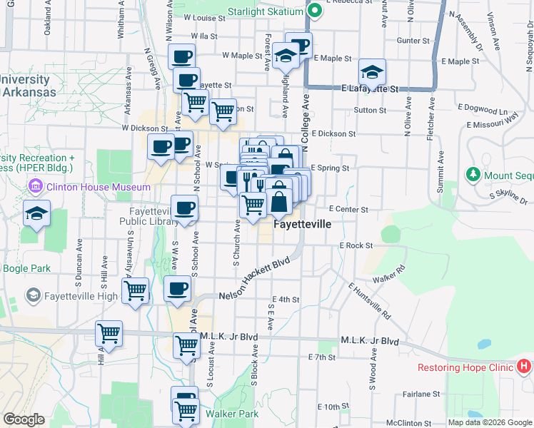 map of restaurants, bars, coffee shops, grocery stores, and more near 25 East Center Street in Fayetteville
