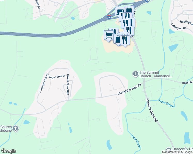 map of restaurants, bars, coffee shops, grocery stores, and more near 3901 Long Meadow Drive in Mebane