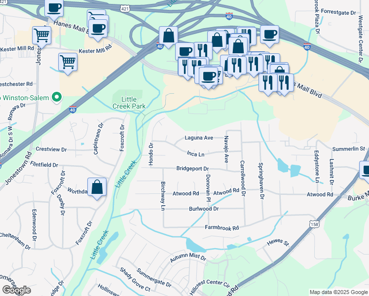 map of restaurants, bars, coffee shops, grocery stores, and more near 2813 Inca Lane in Winston-Salem