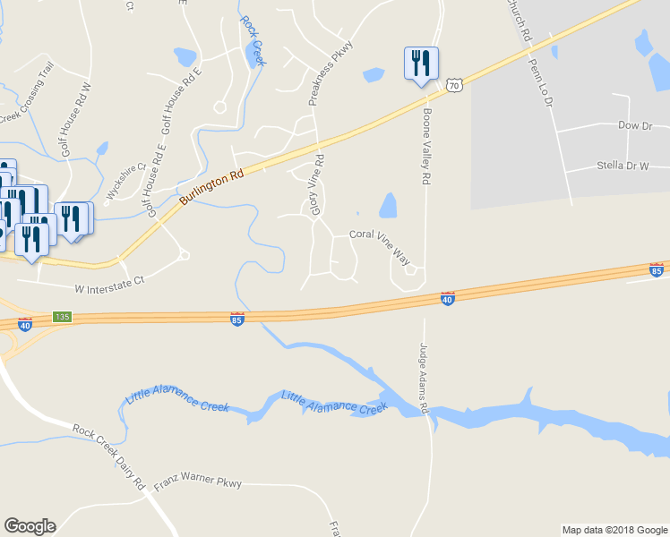 map of restaurants, bars, coffee shops, grocery stores, and more near 1159 Glory Vine Road in Whitsett