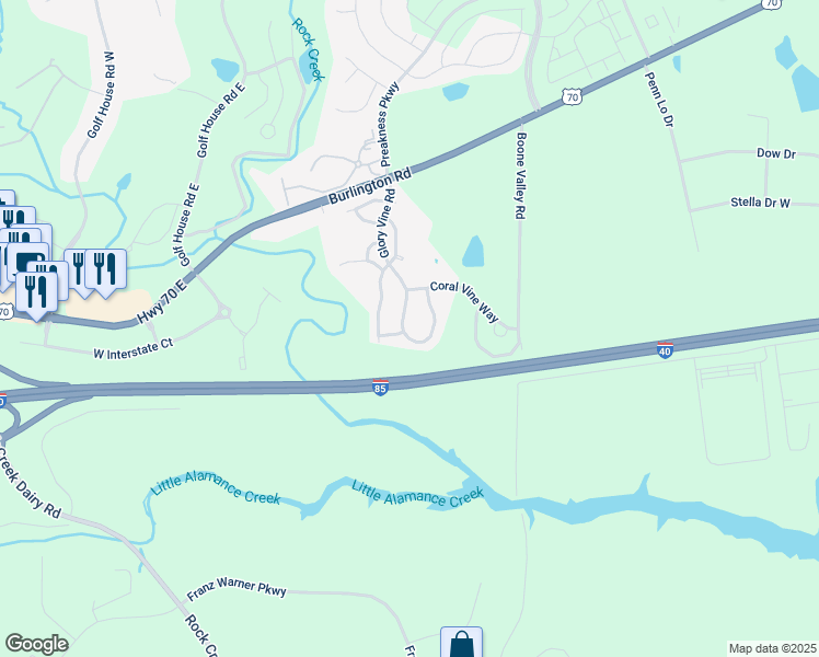map of restaurants, bars, coffee shops, grocery stores, and more near 1159 Glory Vine Road in Whitsett