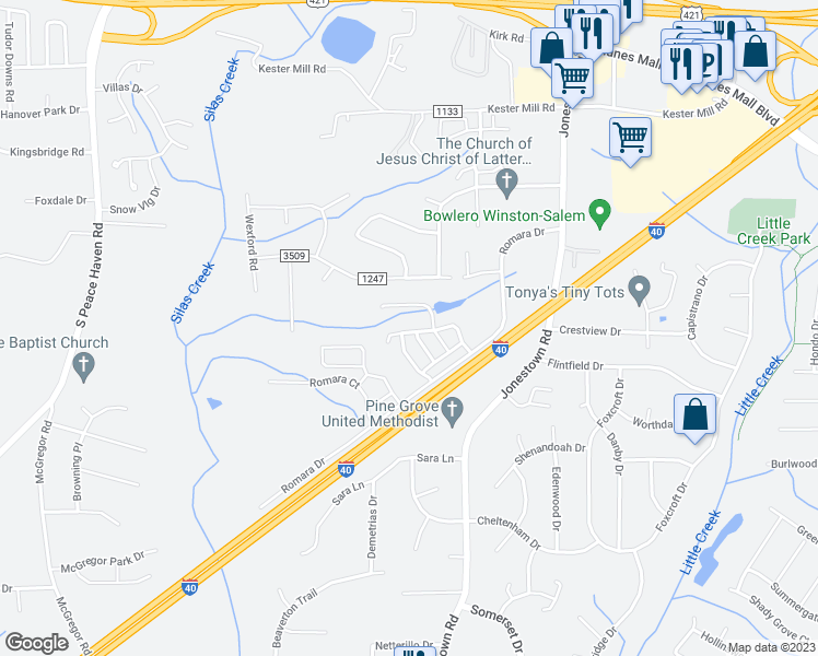 map of restaurants, bars, coffee shops, grocery stores, and more near 5046 Wyngate Village Drive in Winston Salem
