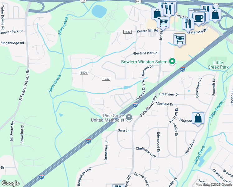 map of restaurants, bars, coffee shops, grocery stores, and more near 5046 Wyngate Village Drive in Winston Salem