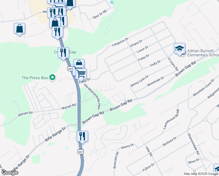map of restaurants, bars, coffee shops, grocery stores, and more near 6517 Hickory Valley Way in Knoxville