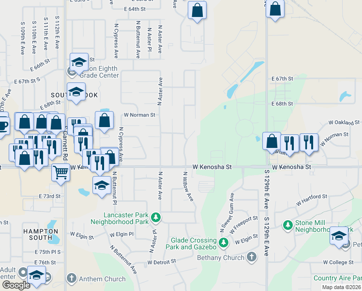 map of restaurants, bars, coffee shops, grocery stores, and more near 1200 North Willow Avenue in Broken Arrow