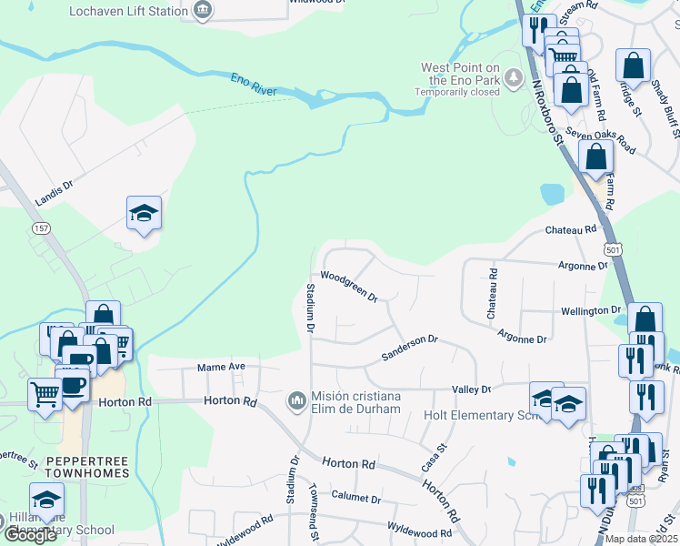 map of restaurants, bars, coffee shops, grocery stores, and more near 906 Woodgreen Drive in Durham