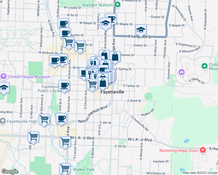 map of restaurants, bars, coffee shops, grocery stores, and more near 31 East Center Street in Fayetteville