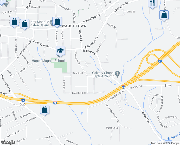 map of restaurants, bars, coffee shops, grocery stores, and more near 1708 Luna Lane in Winston-Salem