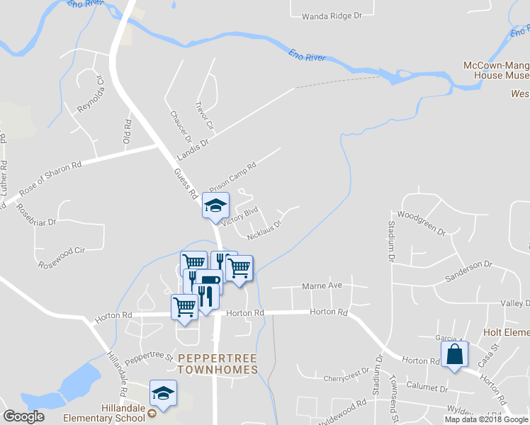 map of restaurants, bars, coffee shops, grocery stores, and more near 1022 Skyler Lane in Durham
