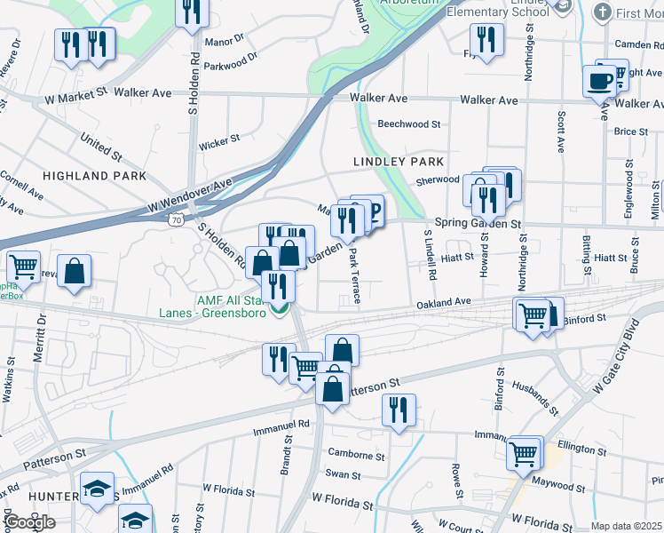 map of restaurants, bars, coffee shops, grocery stores, and more near in Greensboro