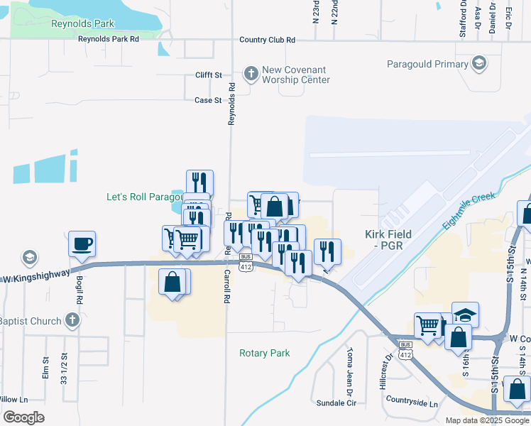 map of restaurants, bars, coffee shops, grocery stores, and more near 2415 West Kingshighway in Paragould