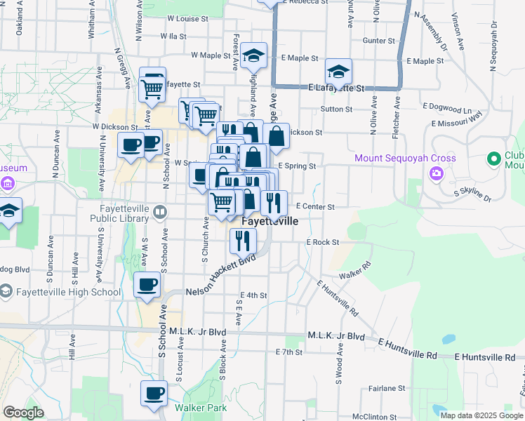 map of restaurants, bars, coffee shops, grocery stores, and more near 25 East Center Street in Fayetteville