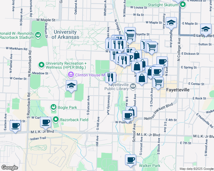 map of restaurants, bars, coffee shops, grocery stores, and more near 13 South University Avenue in Fayetteville