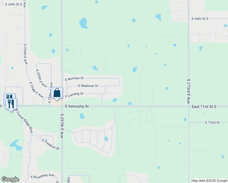 map of restaurants, bars, coffee shops, grocery stores, and more near 8409 East Madison Street in Broken Arrow