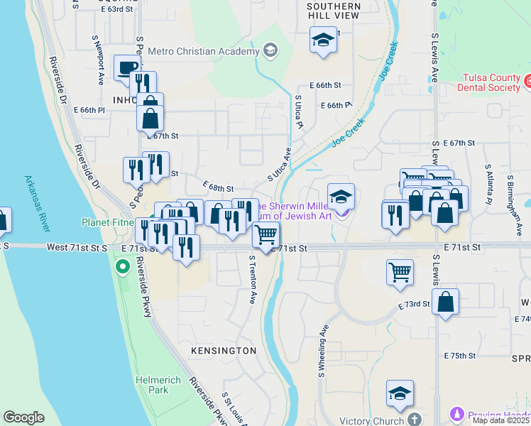 map of restaurants, bars, coffee shops, grocery stores, and more near 6857 South Trenton Avenue in Tulsa