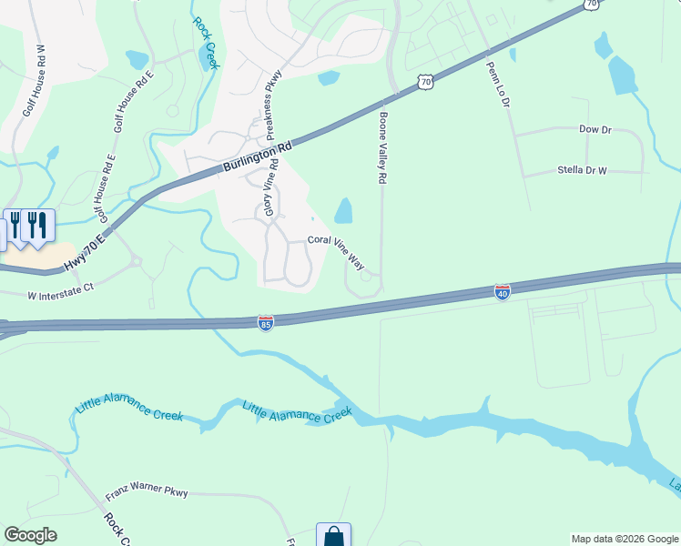 map of restaurants, bars, coffee shops, grocery stores, and more near 1262 Glory Vine Road in Whitsett