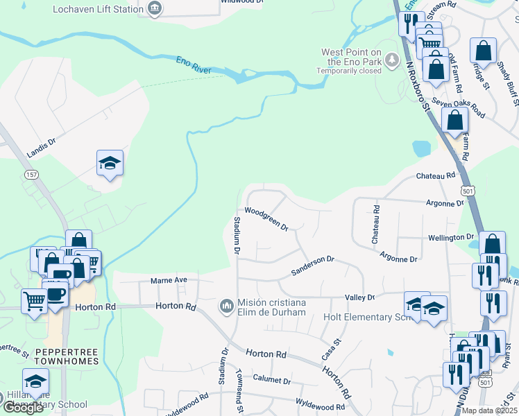 map of restaurants, bars, coffee shops, grocery stores, and more near 906 Woodgreen Drive in Durham