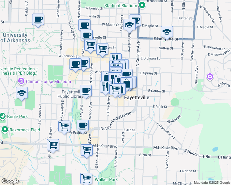 map of restaurants, bars, coffee shops, grocery stores, and more near 112 West Center Street in Fayetteville
