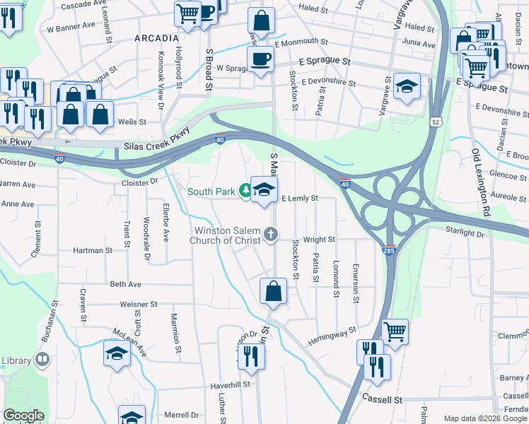 map of restaurants, bars, coffee shops, grocery stores, and more near 2700 South Main Street in Winston-Salem