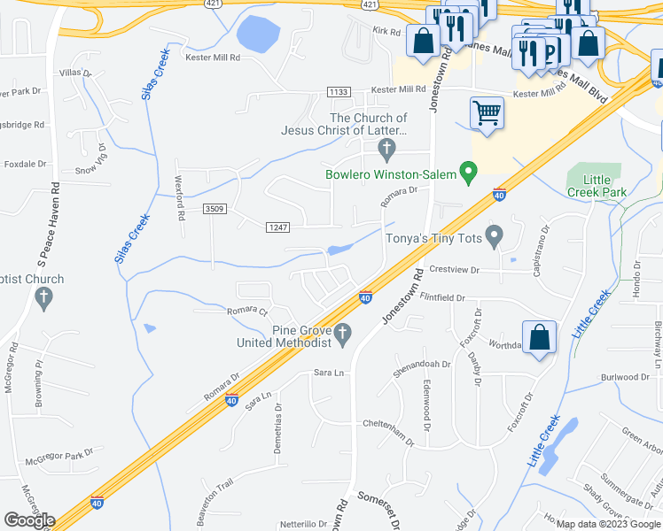 map of restaurants, bars, coffee shops, grocery stores, and more near 4994 Wyngate Village Drive in Winston-Salem