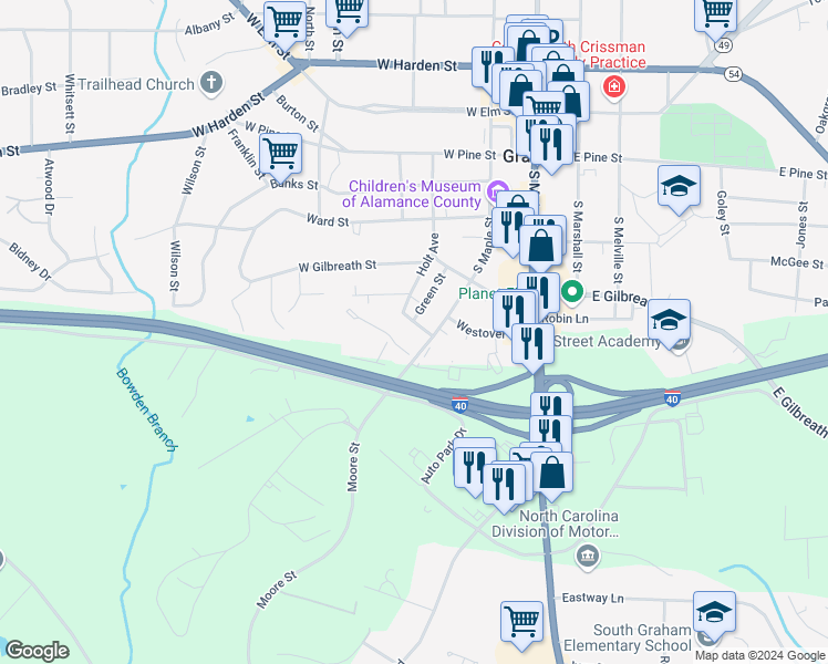 map of restaurants, bars, coffee shops, grocery stores, and more near 427 Green Street in Graham