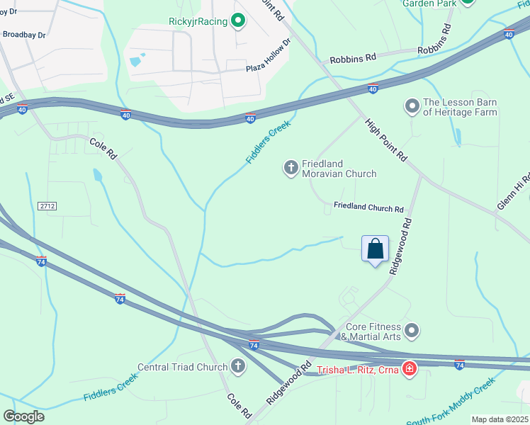 map of restaurants, bars, coffee shops, grocery stores, and more near 2770 Friedland Church Road in Winston-Salem
