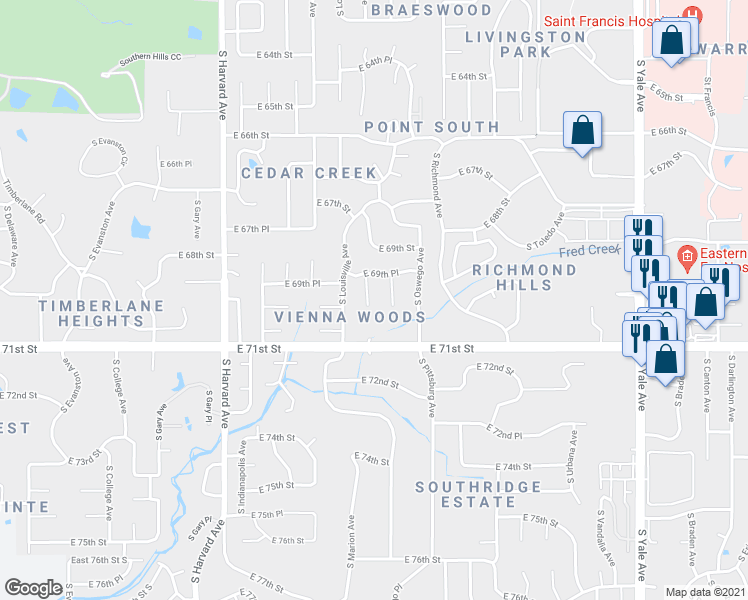 map of restaurants, bars, coffee shops, grocery stores, and more near 6925 South Marion Avenue in Tulsa