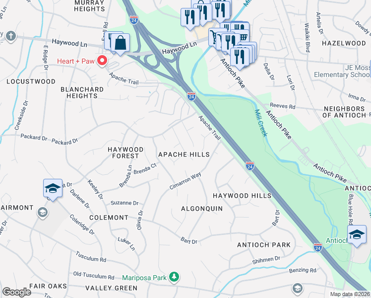 map of restaurants, bars, coffee shops, grocery stores, and more near 4140 Eastview Drive in Nashville