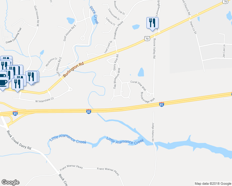 map of restaurants, bars, coffee shops, grocery stores, and more near 1149 Oak Blossom Way in Whitsett
