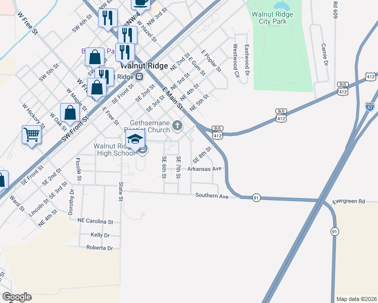 map of restaurants, bars, coffee shops, grocery stores, and more near 701 Southeast 7th Street in Walnut Ridge