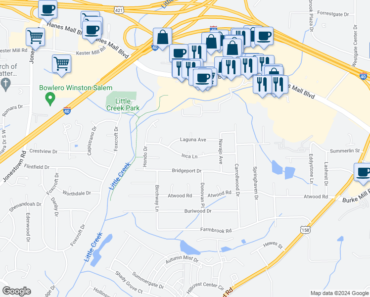 map of restaurants, bars, coffee shops, grocery stores, and more near 2892 Yuma Court in Winston-Salem