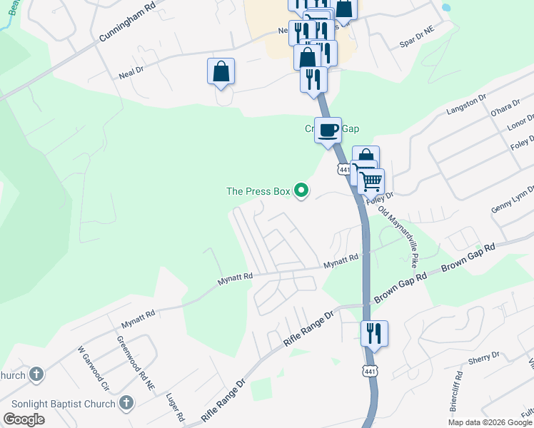 map of restaurants, bars, coffee shops, grocery stores, and more near 3537 Rothmoor Drive in Knoxville