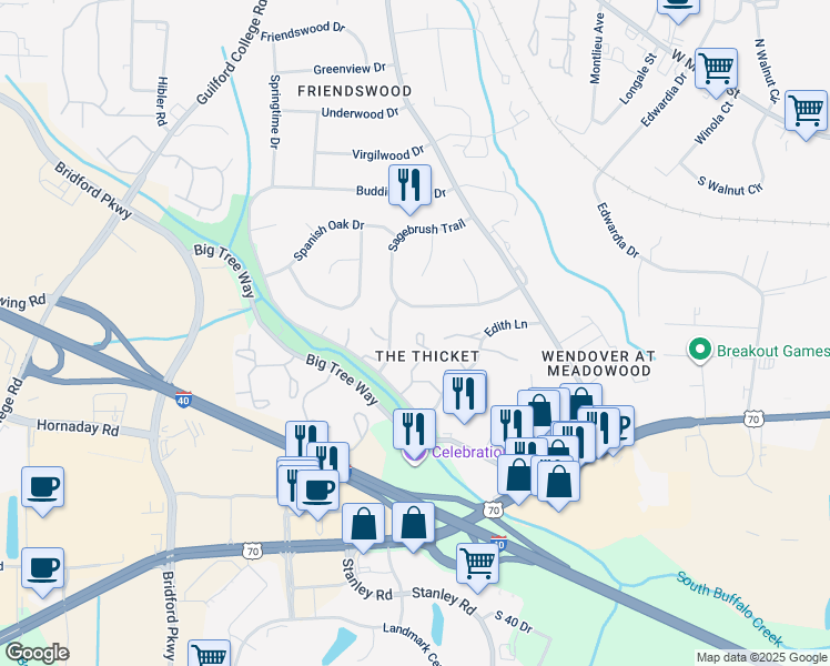 map of restaurants, bars, coffee shops, grocery stores, and more near 4328 Edith Lane in Greensboro