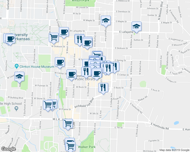 map of restaurants, bars, coffee shops, grocery stores, and more near 5 South Block Avenue in Fayetteville