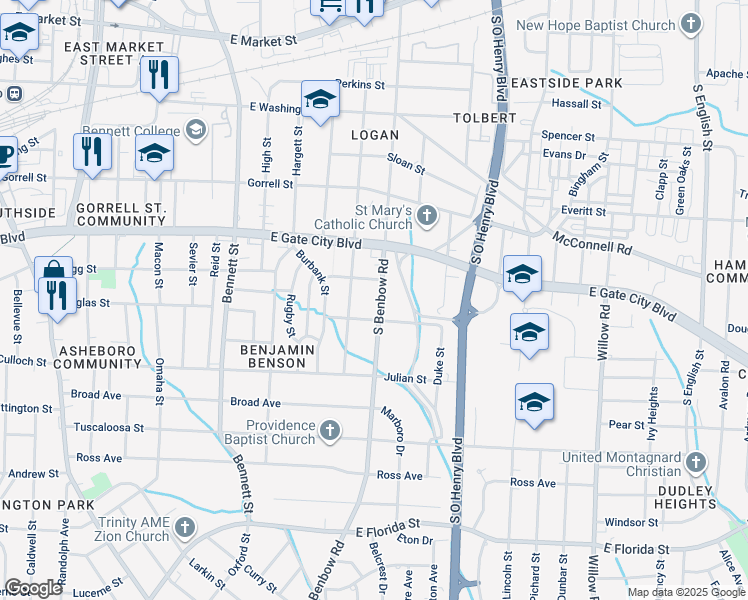 map of restaurants, bars, coffee shops, grocery stores, and more near 1008 South Benbow Road in Greensboro