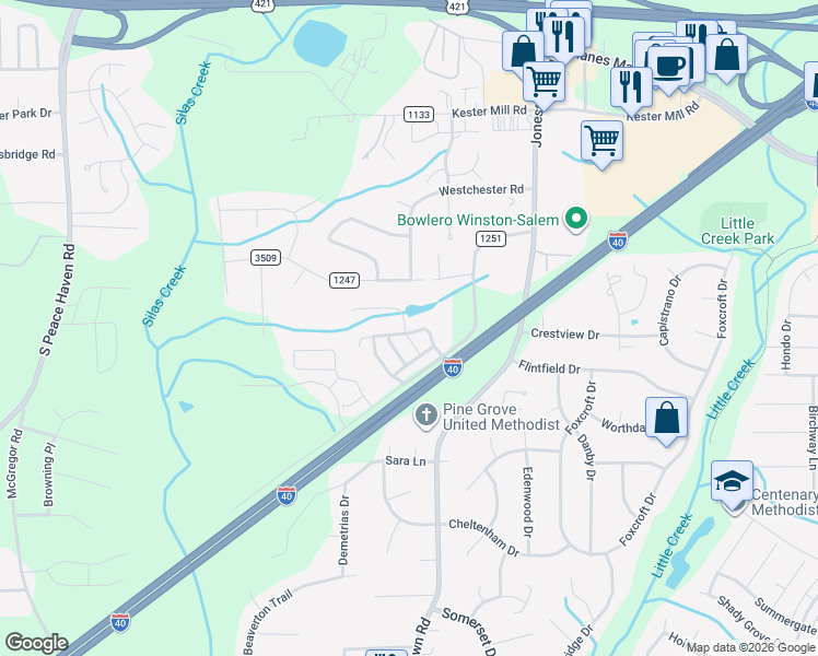 map of restaurants, bars, coffee shops, grocery stores, and more near 4994 Wyngate Village Drive in Winston-Salem
